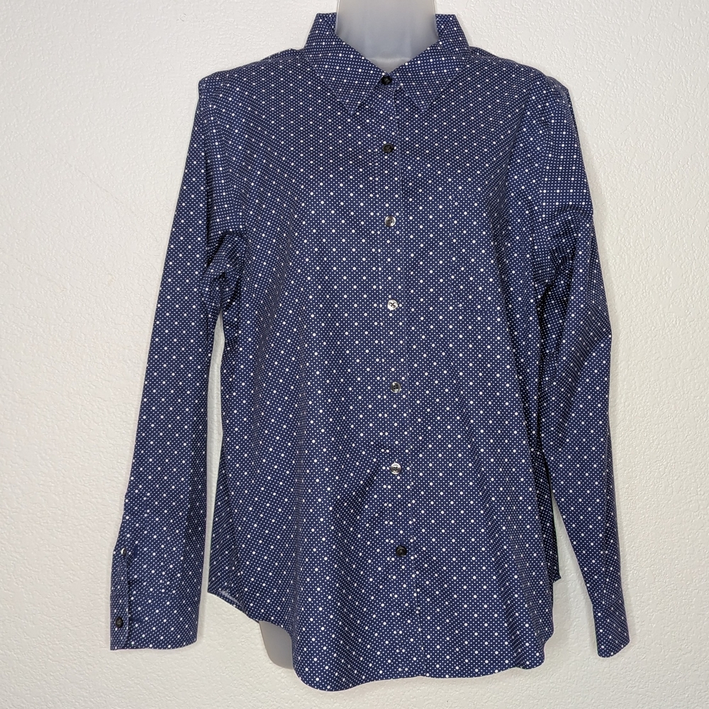 L.L. Bean Blue and White Patterned Polka Dot Button Down Shirt Women's L
